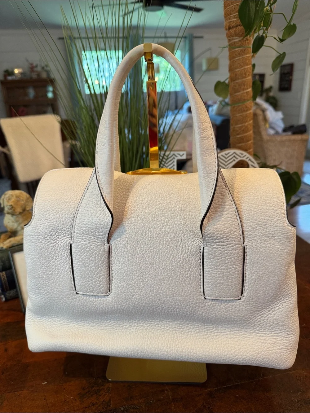 Donna Karan Amagansett White Pebbled Leather Satchel with Gold Hardware